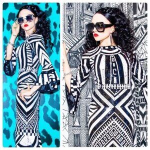 Alice + Olivia Jae Black and White Sequin Fitted Midi Dress Gown - Size 4